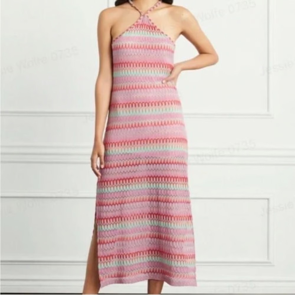 Hill House Pink Striped “Leah” Halter Crochet Maxi Dress